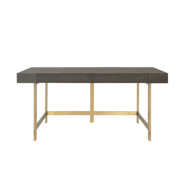 Boone Antique Brass Two Drawer Desk with Brushed Brass Base and Smoke Grey Oak Top, image 1